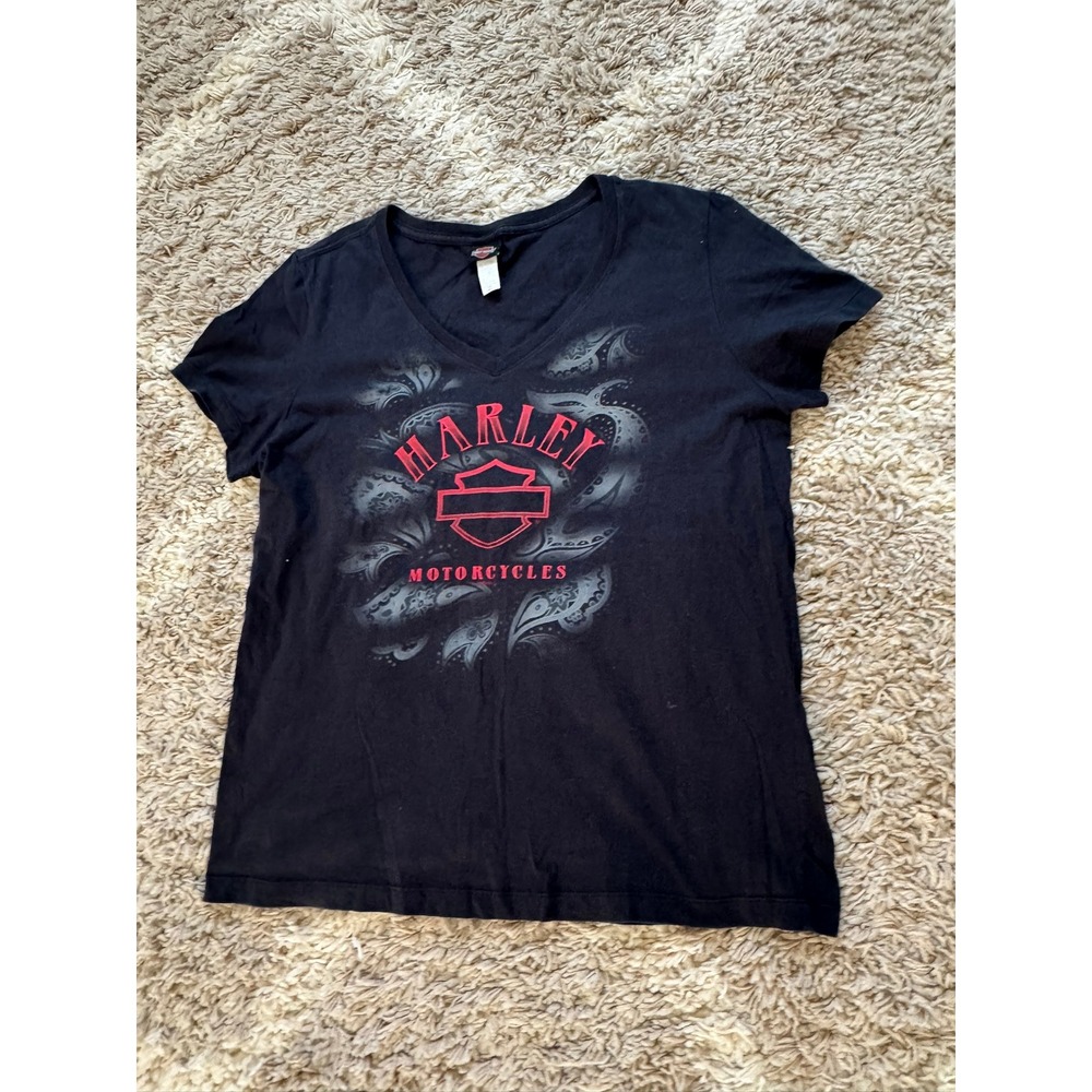 Harley-Davidson Womens XL Black V-Neck Graphic T-Shirt North Country Maine
